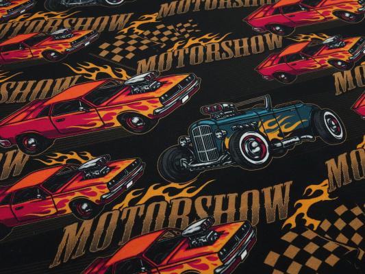 Stoff Baumwolle Jersey mit einem Motorshow Rennwagen Autos Oldtimer Design schwarz orange rot bunt Kinderstoff Kleiderstoff