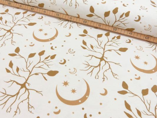 Fabric cotton jersey in boho leaves style trees moon stars design beige sand brown children's fabric dress fabric