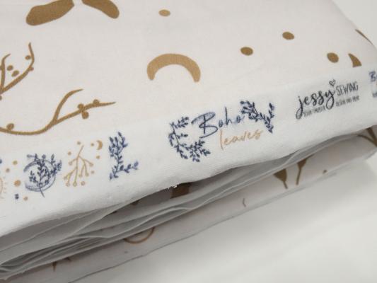 Fabric cotton jersey in boho leaves style trees moon stars design beige sand brown children's fabric dress fabric