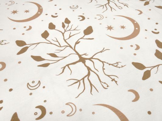 Fabric cotton jersey in boho leaves style trees moon stars design beige sand brown children's fabric dress fabric
