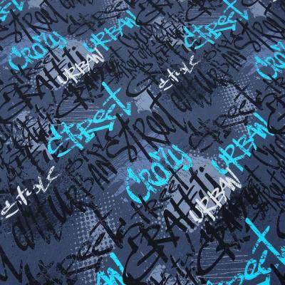 Fabric cotton jersey graffiti design blue turquoise white black dress fabric children's fabric