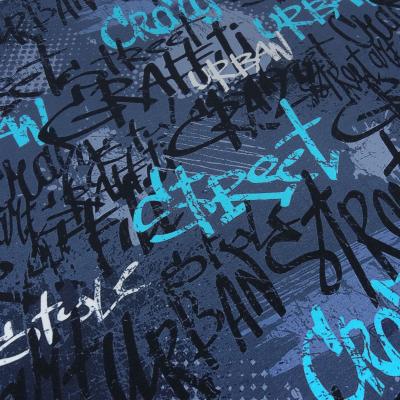 Fabric cotton jersey graffiti design blue turquoise white black dress fabric children's fabric