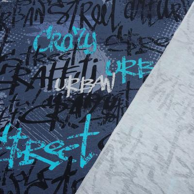 Fabric cotton jersey graffiti design blue turquoise white black dress fabric children's fabric