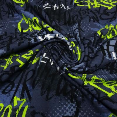 Stoff Baumwolle Jersey Graffiti Design blau neongrün weiß schwarz Kleiderstoff Kinderstoff