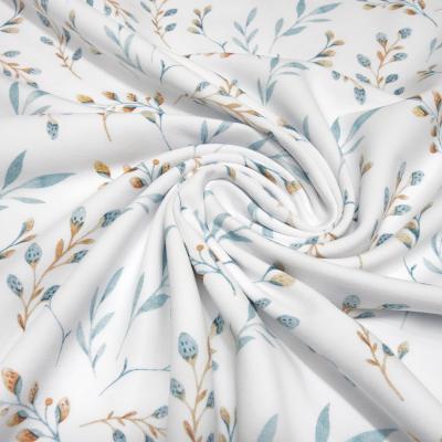 Stoff Baumwolle French Terry Sweatshirtstoff Palmkätzchen Blätter Blumen Blüten Knospen Design weiß eisblau braun Kleiderstoff Kinderstoff