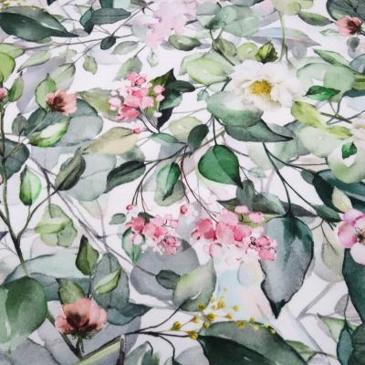 Stoff Baumwolle Jersey mit Eukalyptus Blumenmuster Design weiß grün rosa bunt Kleiderstoff Kinderstoff