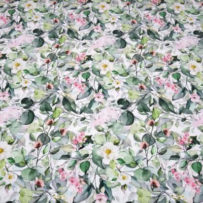 Stoff Baumwolle Jersey mit Eukalyptus Blumenmuster Design weiß grün rosa bunt Kleiderstoff Kinderstoff