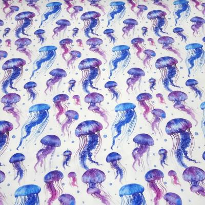 Stoff Baumwolle Jersey mit Jellifish Quallen Design weiß blau lila flieder Kleiderstoff Kinderstoff
