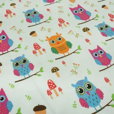 Stoff Baumwolle Jersey mit Eulen Design hellgrün orange blau pink bunt Kinderstoff Kleiderstoff