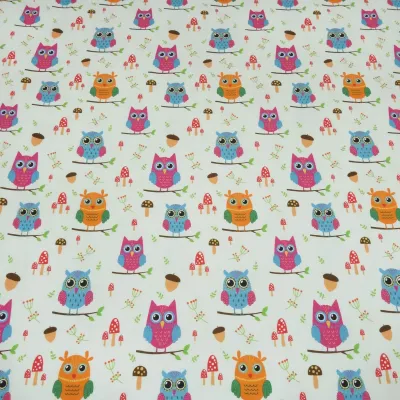 Stoff Baumwolle Jersey mit Eulen Design hellgrün orange blau pink bunt Kinderstoff Kleiderstoff