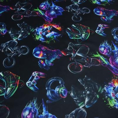 Stoff Sweatshirtstoff mit Alpenfleece Abseite Gamer Gamepad Biker BMX Kopfhörer Sneaker Design schwarz multicolor bunt Kinderstoff Kleiderstoff