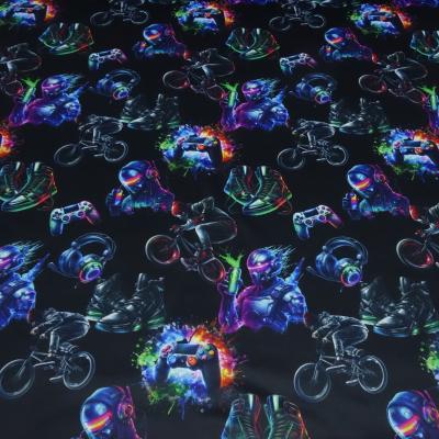 Stoff Sweatshirtstoff mit Alpenfleece Abseite Gamer Gamepad Biker BMX Kopfhörer Sneaker Design schwarz multicolor bunt Kinderstoff Kleiderstoff