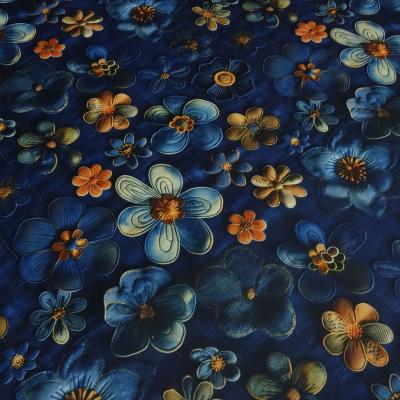 Stoff Sweatshirtstoff mit Alpenfleece Abseite Blumen & Blüten Design Jeanslook blau orange braun bunt Kinderstoff Kleiderstoff Hoodiestoff