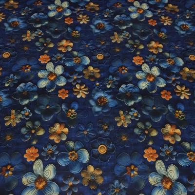 Stoff Sweatshirtstoff mit Alpenfleece Abseite Blumen & Blüten Design Jeanslook blau orange braun bunt Kinderstoff Kleiderstoff Hoodiestoff