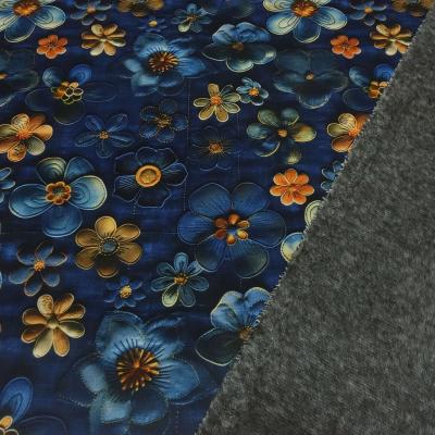 Stoff Sweatshirtstoff mit Alpenfleece Abseite Blumen & Blüten Design Jeanslook blau orange braun bunt Kinderstoff Kleiderstoff Hoodiestoff