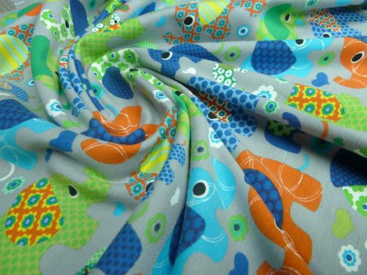 Fabric jersey cotton elephants flowers hearts design gray colorful children's fabric dress fabric