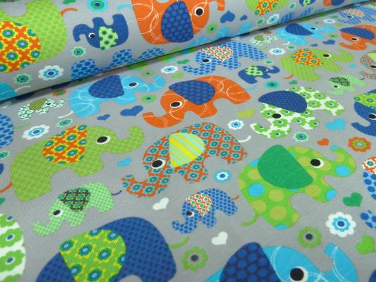 Fabric jersey cotton elephants flowers hearts design gray colorful children's fabric dress fabric