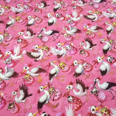 Stoff Baumwolle Jersey Storche mit Tier Babys Panda Katze Zebra Bär Elefant etc. Design pink rosa bunt Kleiderstoff Kinderstoff