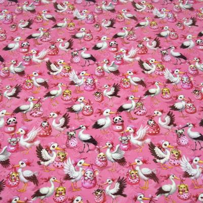 Stoff Baumwolle Jersey Storche mit Tier Babys Panda Katze Zebra Bär Elefant etc. Design pink rosa bunt Kleiderstoff Kinderstoff
