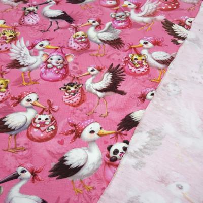 Stoff Baumwolle Jersey Storche mit Tier Babys Panda Katze Zebra Bär Elefant etc. Design pink rosa bunt Kleiderstoff Kinderstoff
