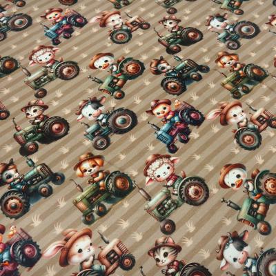 Stoff Baumwolle Jersey gestreift Traktor mit Tieren Hund Katze Schaf Ente Kücken etc. Design braun beige bunt Kleiderstoff Kinderstoff