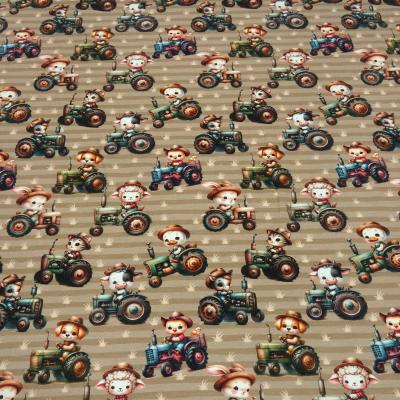 Stoff Baumwolle Jersey gestreift Traktor mit Tieren Hund Katze Schaf Ente Kücken etc. Design braun beige bunt Kleiderstoff Kinderstoff