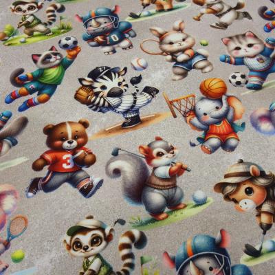 Stoff Baumwolle Jersey Tiere Hase Katze Zebra Bär Elefant Design beige multicolor bunt Kleiderstoff Kinderstoff