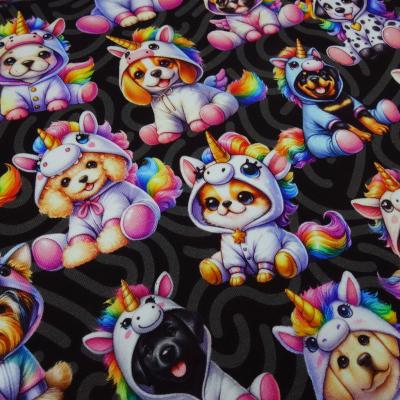 Stoff Baumwolle French Terry Sweatshirtstoff Unicorn Dogs Einhorn Hunde Design schwarz grau weiß Regenbogen bunt Kleiderstoff Kinderstoff