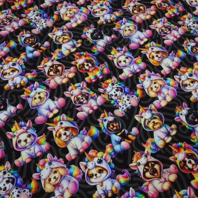 Stoff Baumwolle French Terry Sweatshirtstoff Unicorn Dogs Einhorn Hunde Design schwarz grau weiß Regenbogen bunt Kleiderstoff Kinderstoff