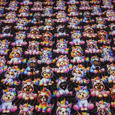 Stoff Baumwolle French Terry Sweatshirtstoff Unicorn Dogs Einhorn Hunde Design schwarz grau weiß Regenbogen bunt Kleiderstoff Kinderstoff