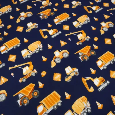Stoff Baumwolle Jersey Straßenbau Bagger LKW marine blau gelb bunt Kinderstoff Kleiderstoff