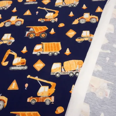 Stoff Baumwolle Jersey Straßenbau Bagger LKW marine blau gelb bunt Kinderstoff Kleiderstoff