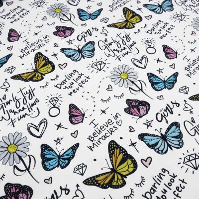 Stoff Baumwolle French Terry Sweatshirtstoff Schmetterlinge Schriften Sprüche weiß blau pink gelb bunt Kleiderstoff Kinderstoff