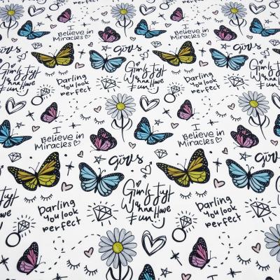 Stoff Baumwolle French Terry Sweatshirtstoff Schmetterlinge Schriften Sprüche weiß blau pink gelb bunt Kleiderstoff Kinderstoff