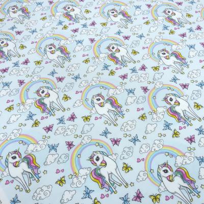 Stoff Baumwolle Jersey "dreaming unicorn" Einhorn Regenbogen Herzen hellblau bunt Kinderstoff Kleiderstoff