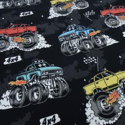 Fabric cotton jersey burnout monster trucks cars black colorful children's fabric dress fabric by the meter