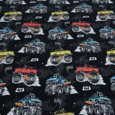 Fabric cotton jersey burnout monster trucks cars black colorful children's fabric dress fabric by the meter