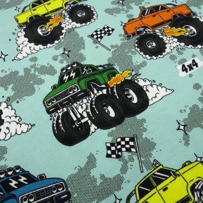 Fabric cotton jersey burnout monster trucks cars mint green colourful children's fabric dress fabric