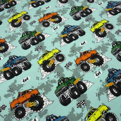 Fabric cotton jersey burnout monster trucks cars mint green colourful children's fabric dress fabric