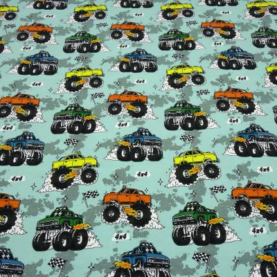 Fabric cotton jersey burnout monster trucks cars mint green colourful children's fabric dress fabric