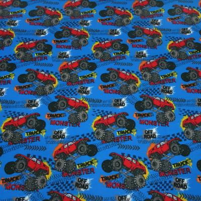 Fabric Cotton French Terry Sweatshirt Fabric Monster Trucks Offroad Blue Red Yellow Black Gray Multicolor Clothing Fabric Children's Fabric