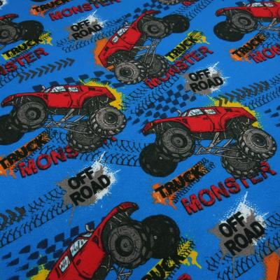 Fabric Cotton French Terry Sweatshirt Fabric Monster Trucks Offroad Blue Red Yellow Black Gray Multicolor Clothing Fabric Children's Fabric