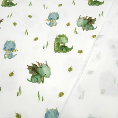 Fabric cotton jersey Little Dragon dragon design cream white green blue colorful children's fabric dress fabric