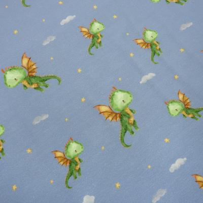 Fabric cotton jersey Little Dragon dragon design blue green brown colorful children's fabric dress fabric