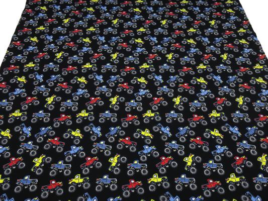 Fabric cotton jersey monster truck cars design black red blue yellow colorful children's fabric dress fabric