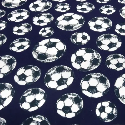 Cotton Jersey Fabric with Soccer Ball Design in Navy Blue, White, and Black—Children's Clothing Fabric