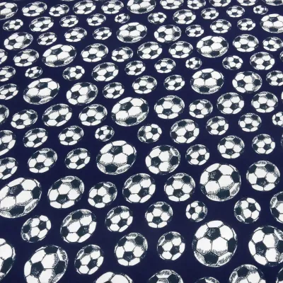 Cotton Jersey Fabric with Soccer Ball Design in Navy Blue, White, and Black—Children's Clothing Fabric
