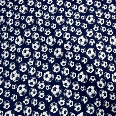 Cotton Jersey Fabric with Soccer Ball Design in Navy Blue, White, and Black—Children's Clothing Fabric