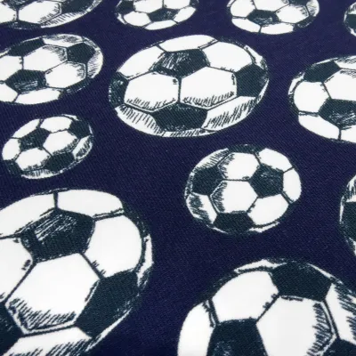 Cotton Jersey Fabric with Soccer Ball Design in Navy Blue, White, and Black—Children's Clothing Fabric