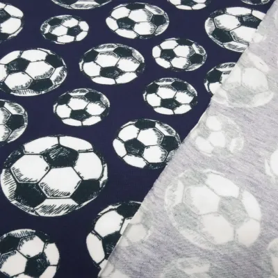 Cotton Jersey Fabric with Soccer Ball Design in Navy Blue, White, and Black—Children's Clothing Fabric